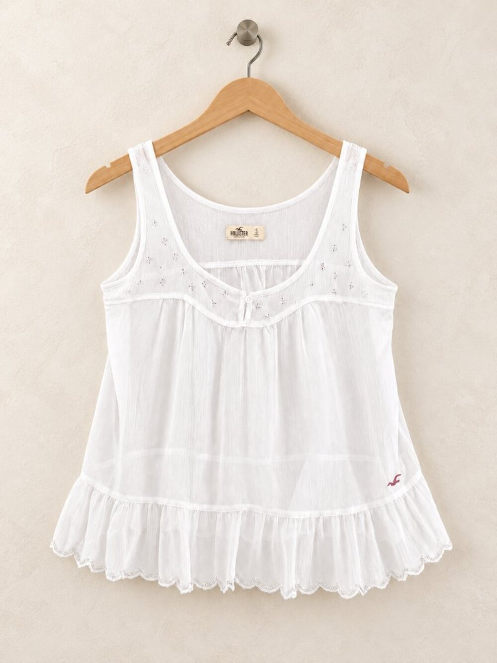 Hollister Baby Doll Top, Vintage Y2K, Coquette, Beaded Boho Ruffle Hem, Size S